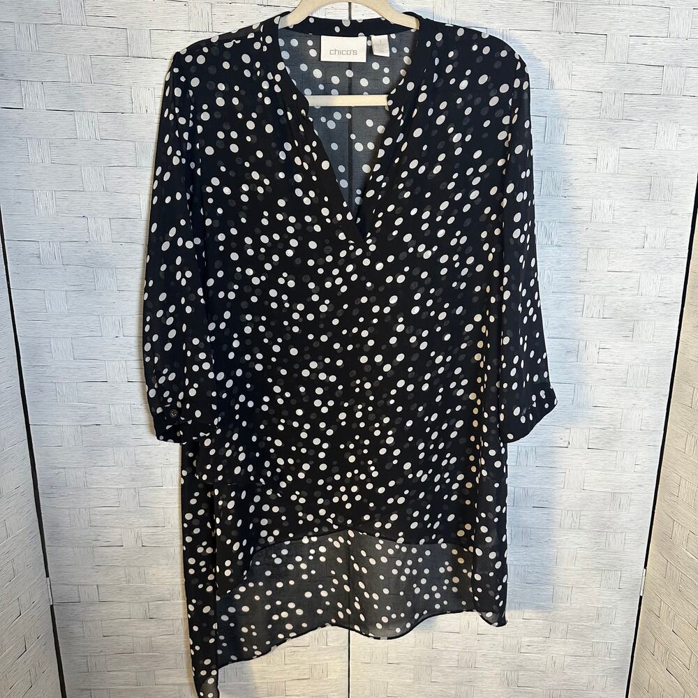 Chico's women's blouse asymmetrical sheer polkadot feminine whimsigoth bohemian